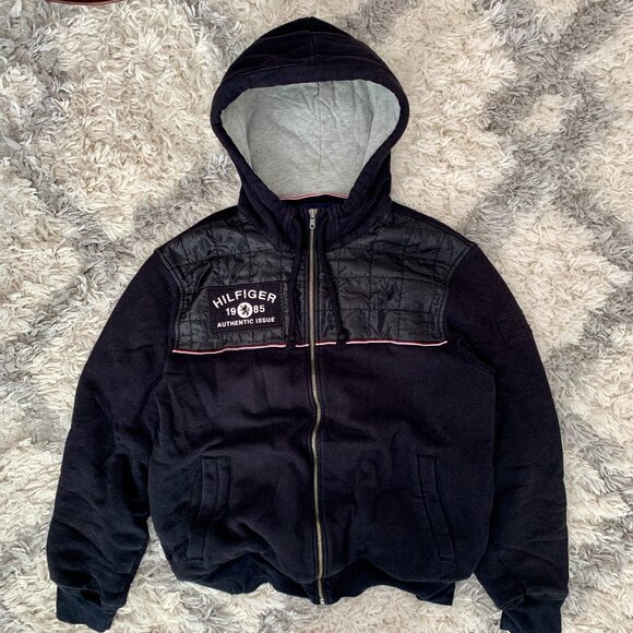 Vintage Insulated Jacket w/ Hood Large Tommy Hilfiger Full Zip Lined Heavy - Picture 1 of 10